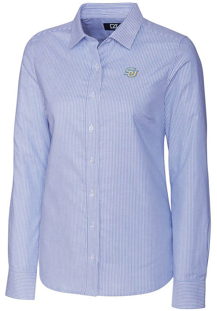 Cutter and Buck Southern University Jaguars Womens Stretch Oxford Stripe Long Sleeve Blue Dress ..