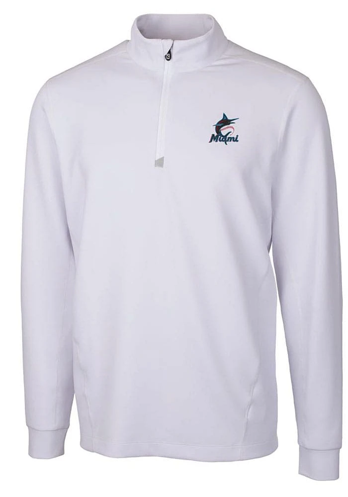 Cutter and Buck Miami Marlins Mens White Traverse Long Sleeve Qtr Zip Pullover