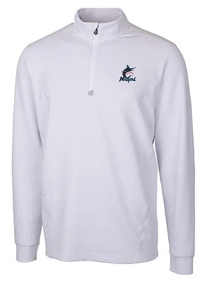 Cutter and Buck Miami Marlins Mens White Traverse Long Sleeve Qtr Zip Pullover