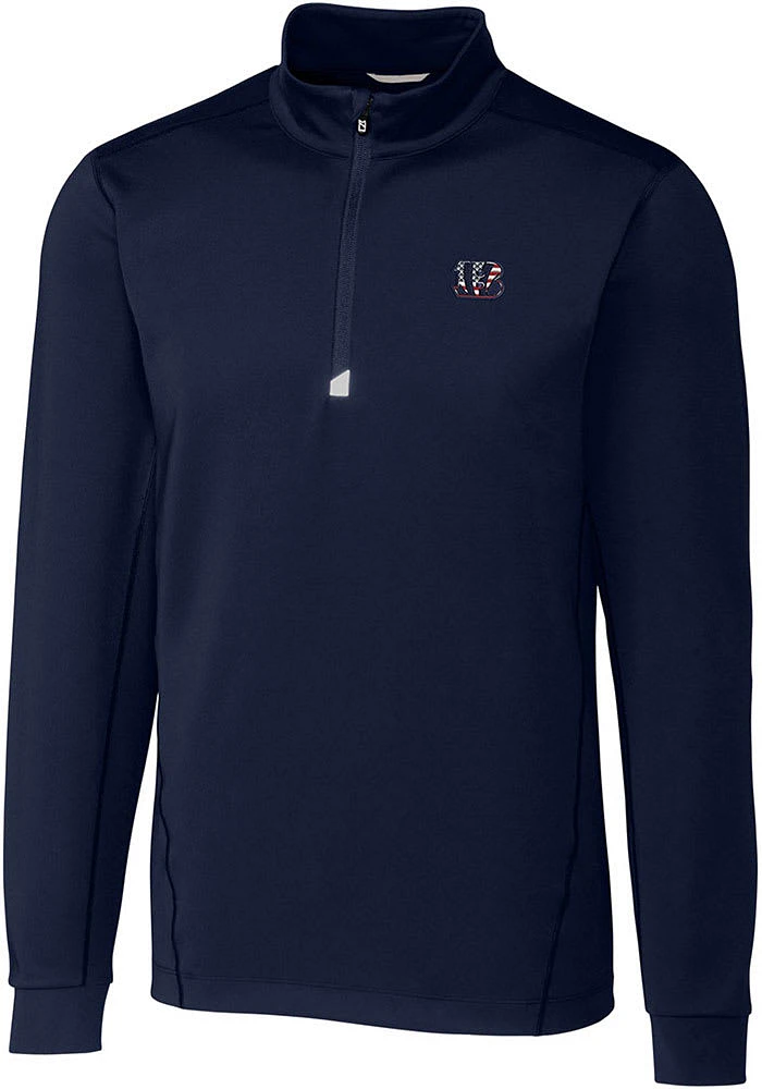 Cutter and Buck Cincinnati Bengals Mens Navy Blue Americana Traverse Long Sleeve 1/4 Zip Pullove..