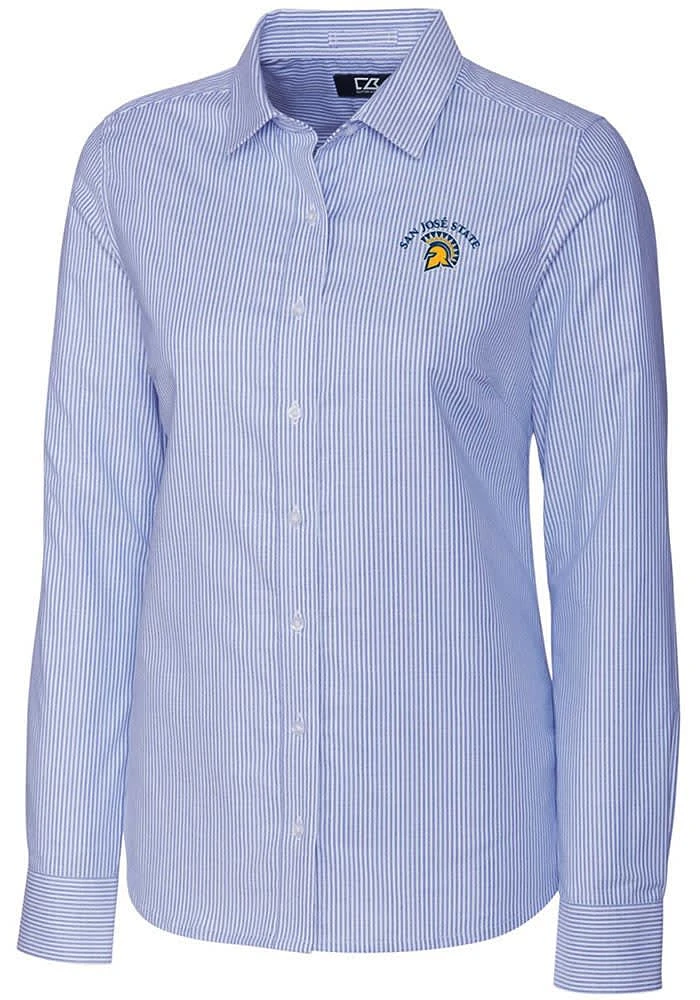 Cutter and Buck San Jose State Spartans Womens Stretch Oxford Stripe Long Sleeve Blue Dress Shir..