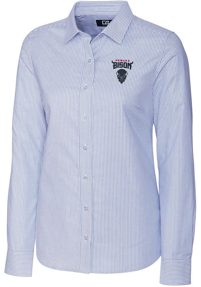 Cutter and Buck Howard Bison Womens Stretch Oxford Stripe Long Sleeve Blue Dress Shirt