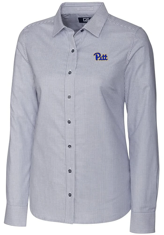 Womens Pitt Panthers Charcoal Cutter and Buck Stretch Oxford Stripe Long Sleeve Dress Shirt