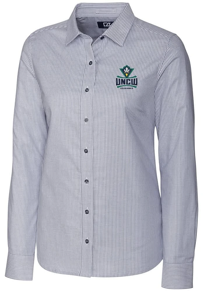 Cutter and Buck UNCW Seahawks Womens Stretch Oxford Stripe Long Sleeve Charcoal Dress Shirt