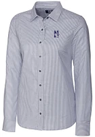 Womens Northwestern Wildcats Charcoal Cutter and Buck Stretch Oxford Stripe Long Sleeve Dress Sh..