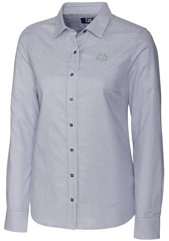 Cutter and Buck Southern University Jaguars Womens Stretch Oxford Stripe Long Sleeve Charcoal Dr..