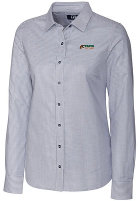 Cutter and Buck Florida A&M Rattlers Womens Stretch Oxford Stripe Long Sleeve Charcoal Dress Shi..