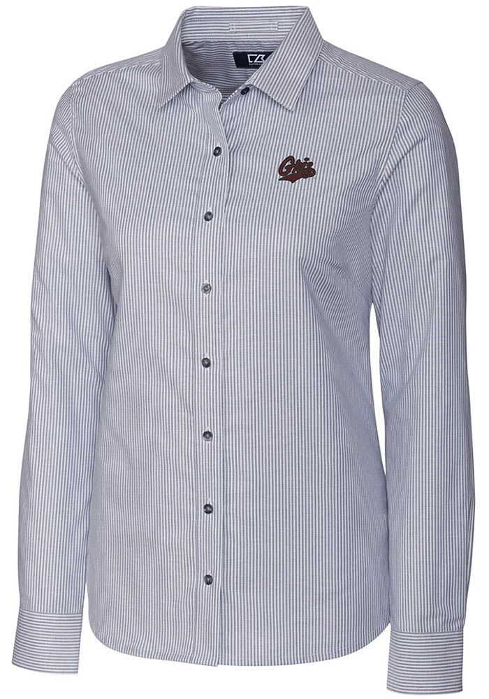 Cutter and Buck Montana Grizzlies Womens Stretch Oxford Stripe Long Sleeve Charcoal Dress Shirt
