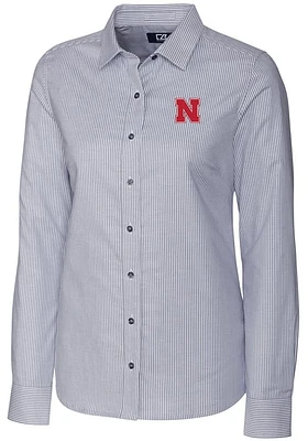 Womens Nebraska Cornhuskers Charcoal Cutter and Buck Stretch Oxford Stripe Long Sleeve Dress Shi..