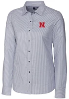 Womens Nebraska Cornhuskers Charcoal Cutter and Buck Stretch Oxford Stripe Long Sleeve Dress Shi..