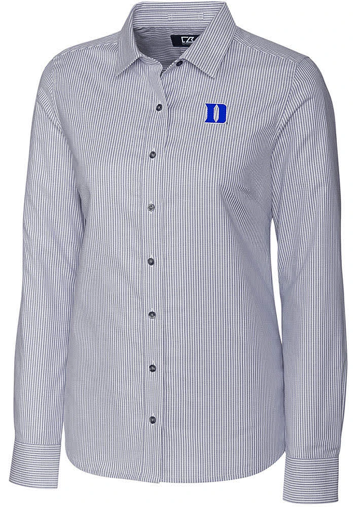 Cutter and Buck Duke Blue Devils Womens Stretch Oxford Stripe Long Sleeve Charcoal Dress Shirt