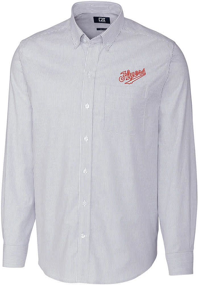 Cutter and Buck Dayton Flyers Mens Light Blue Vault Stretch Oxford Stripe Long Sleeve Dress Shir..