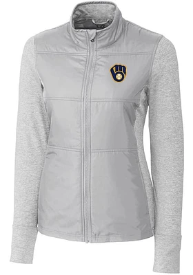 Cutter and Buck Milwaukee Brewers Womens Grey Stealth Hybrid Quilted Medium Weight Jacket