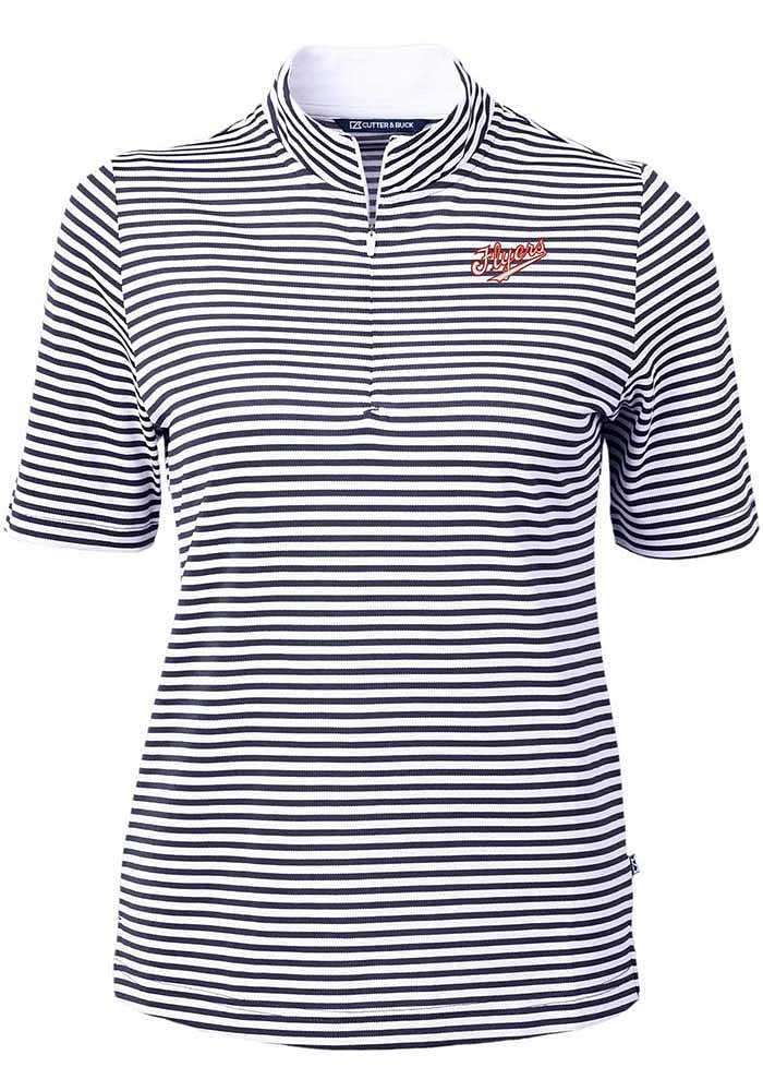 Cutter and Buck Dayton Flyers Womens Navy Blue Vault Virtue Eco Pique Stripe Short Sleeve Polo S..