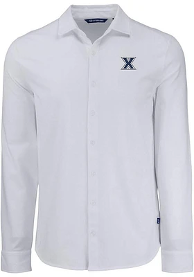 Cutter and Buck Xavier Musketeers Mens White Advantage Soft Pique Long Sleeve Dress Shirt