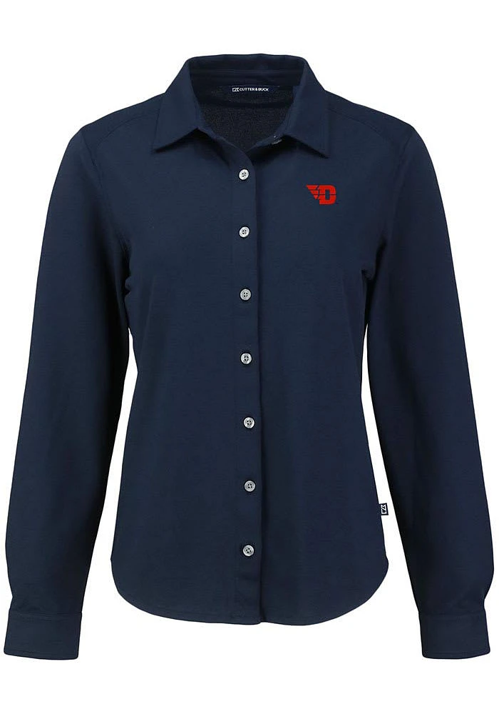 Cutter and Buck Dayton Flyers Womens Advantage Soft Pique Long Sleeve Navy Blue Dress Shirt