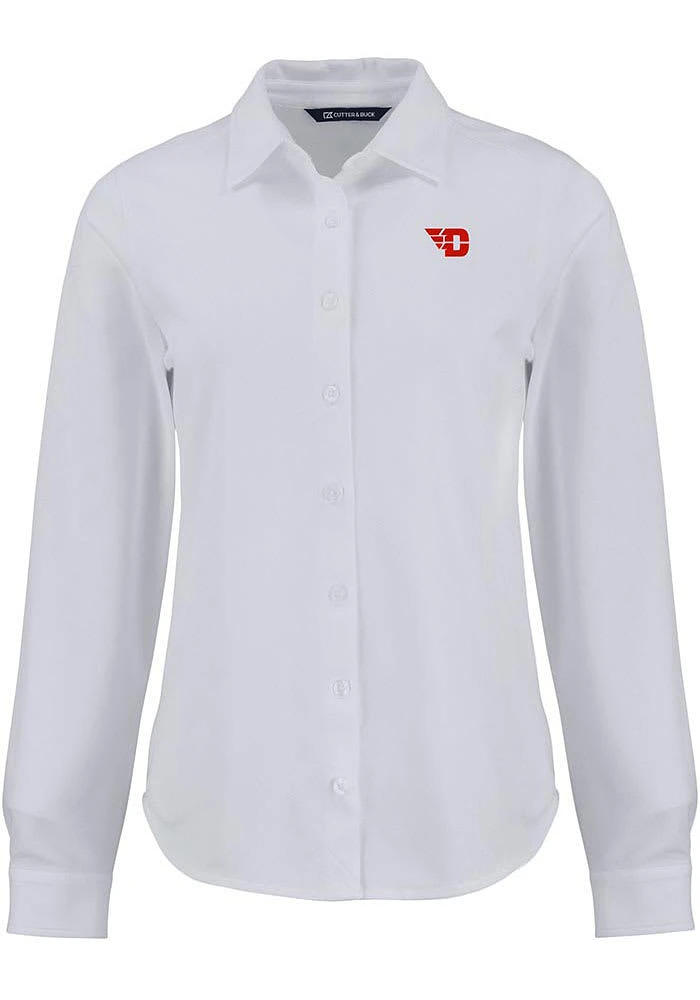 Cutter and Buck Dayton Flyers Womens Advantage Soft Pique Long Sleeve White Dress Shirt