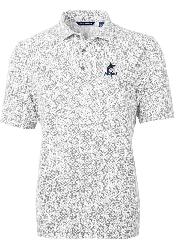 Cutter and Buck Miami Marlins Mens Grey Virtue Eco Pique Botanical Short Sleeve Polo