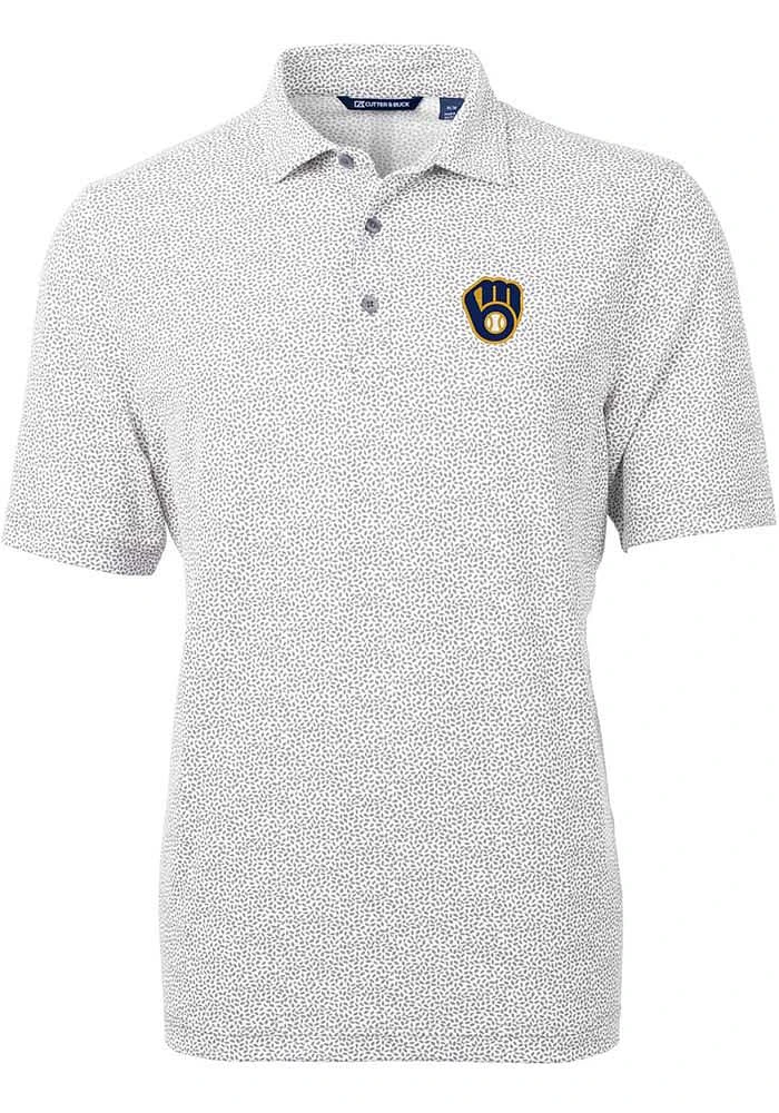 Cutter and Buck Milwaukee Brewers Mens Grey Virtue Eco Pique Botanical Short Sleeve Polo