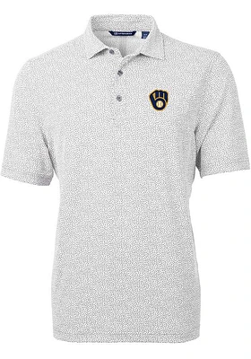 Cutter and Buck Milwaukee Brewers Mens Grey Virtue Eco Pique Botanical Short Sleeve Polo