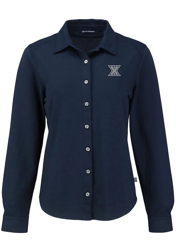 Cutter and Buck Xavier Musketeers Womens Advantage Soft Pique Long Sleeve Navy Blue Dress Shirt