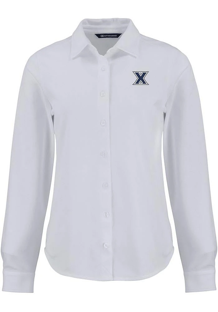 Cutter and Buck Xavier Musketeers Womens Advantage Soft Pique Long Sleeve White Dress Shirt