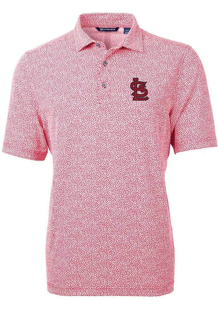Cutter and Buck St Louis Cardinals Mens Red STL Logo Virtue Eco Pique Botanical Short Sleeve Pol..