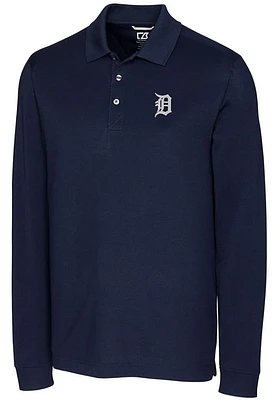 Cutter and Buck Detroit Tigers Mens Navy Blue Advantage Pique Long Sleeve Polo Shirt