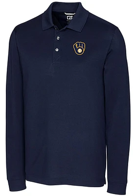 Cutter and Buck Milwaukee Brewers Mens Navy Blue Advantage Pique Long Sleeve Polo Shirt