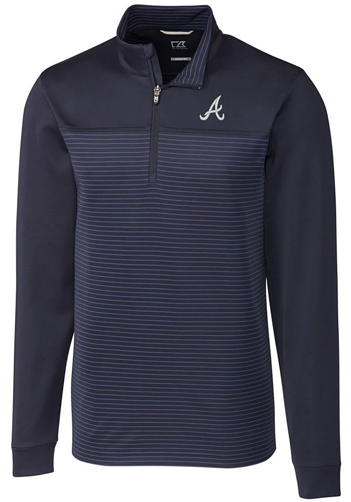 Cutter and Buck Atlanta Braves Mens Navy Blue Traverse Stripe Stretch Long Sleeve Qtr Zip Pullover