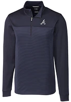 Cutter and Buck Atlanta Braves Mens Navy Blue Traverse Stripe Stretch Long Sleeve Qtr Zip Pullover