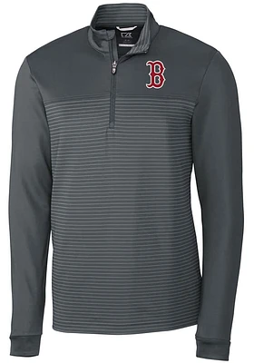 Cutter and Buck Boston Red Sox Mens Grey Traverse Stripe Stretch Long Sleeve Qtr Zip Pullover