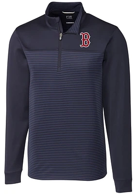 Cutter and Buck Boston Red Sox Mens Navy Blue Traverse Stripe Stretch Long Sleeve Qtr Zip Pullov..