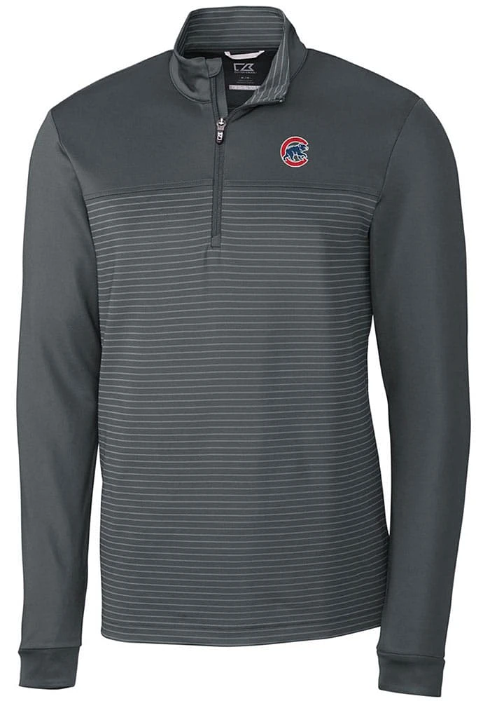 Cutter and Buck Chicago Cubs Mens Grey Traverse Stripe Stretch Long Sleeve Qtr Zip Pullover