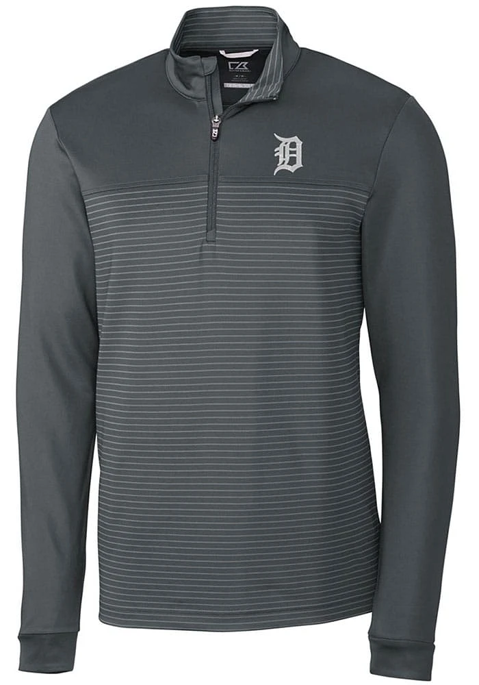 Cutter and Buck Detroit Tigers Mens Grey Traverse Stripe Stretch Long Sleeve Qtr Zip Pullover