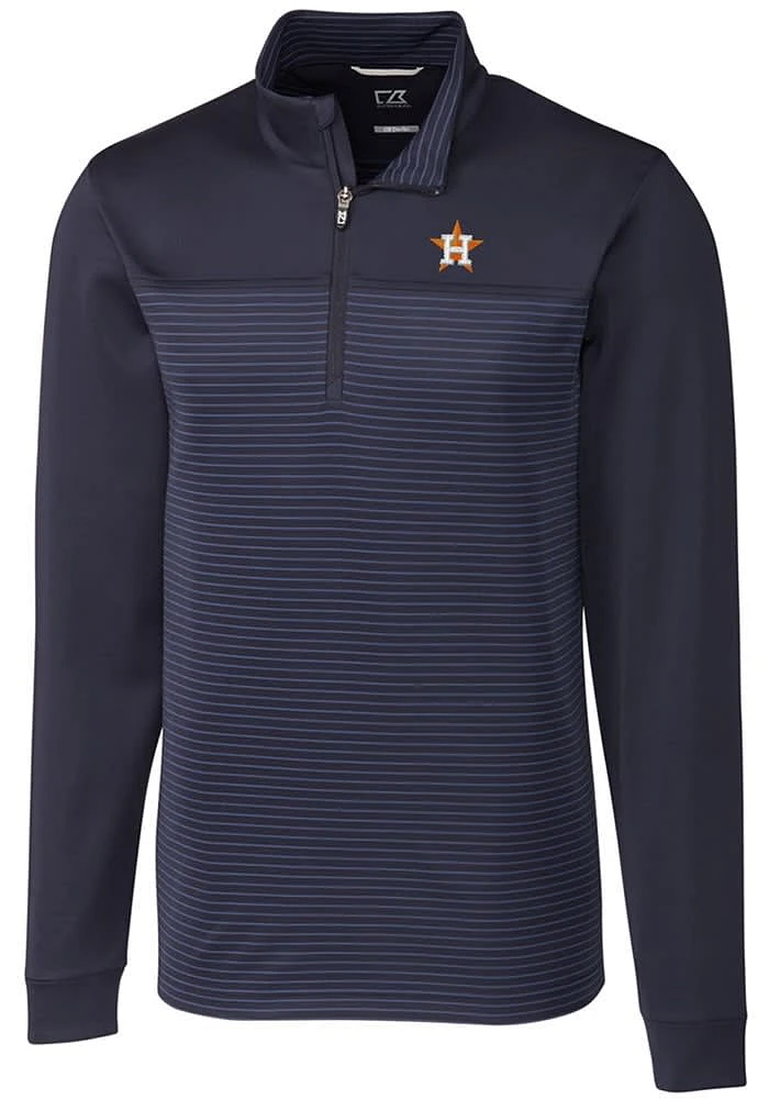 Cutter and Buck Houston Astros Mens Navy Blue Traverse Stripe Stretch Long Sleeve Qtr Zip Pullov..