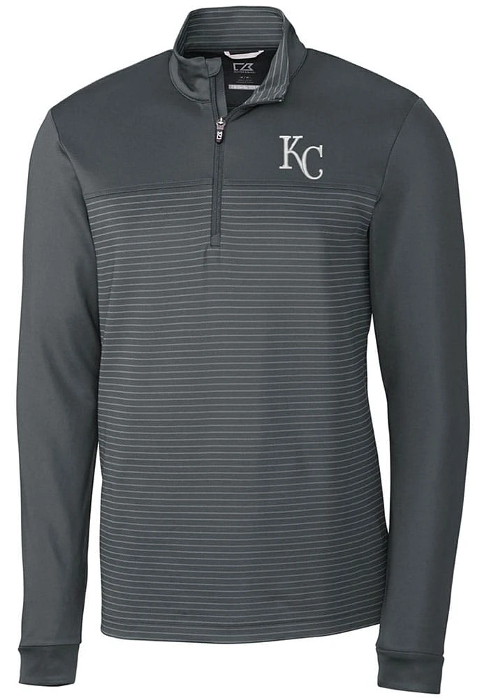 Cutter and Buck Kansas City Royals Mens Grey Traverse Stripe Stretch Long Sleeve Qtr Zip Pullove..
