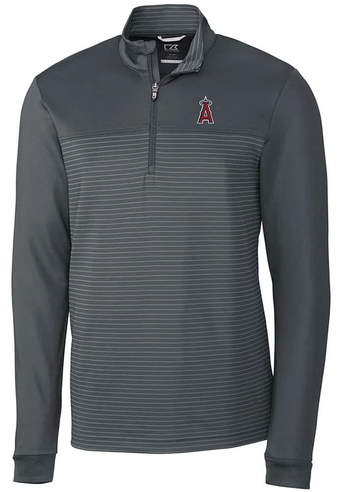 Cutter and Buck Los Angeles Angels Mens Grey Traverse Stripe Stretch Long Sleeve Qtr Zip Pullove..