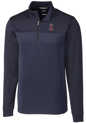 Cutter and Buck Los Angeles Angels Mens Navy Blue Traverse Stripe Stretch Long Sleeve Qtr Zip Pu..