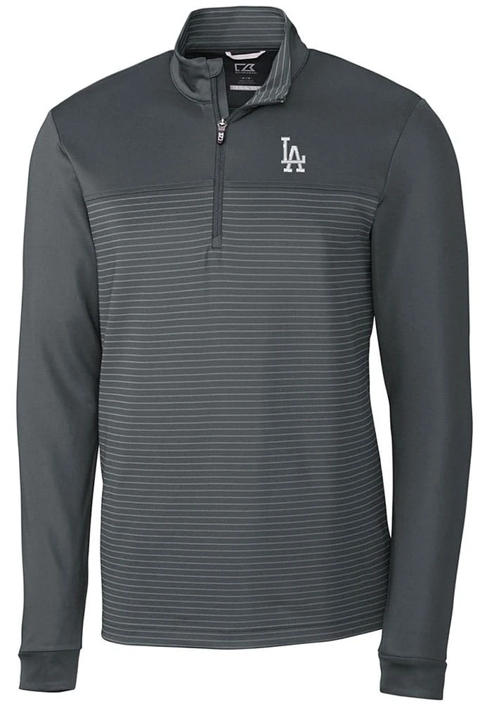 Cutter and Buck Los Angeles Dodgers Mens Grey Traverse Stripe Stretch Long Sleeve Qtr Zip Pullov..