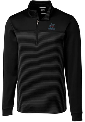 Cutter and Buck Miami Marlins Mens Traverse Stripe Stretch Long Sleeve Qtr Zip Pullover