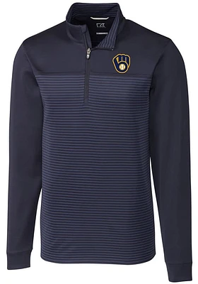 Cutter and Buck Milwaukee Brewers Mens Navy Blue Traverse Stripe Long Sleeve Qtr Zip Pullover