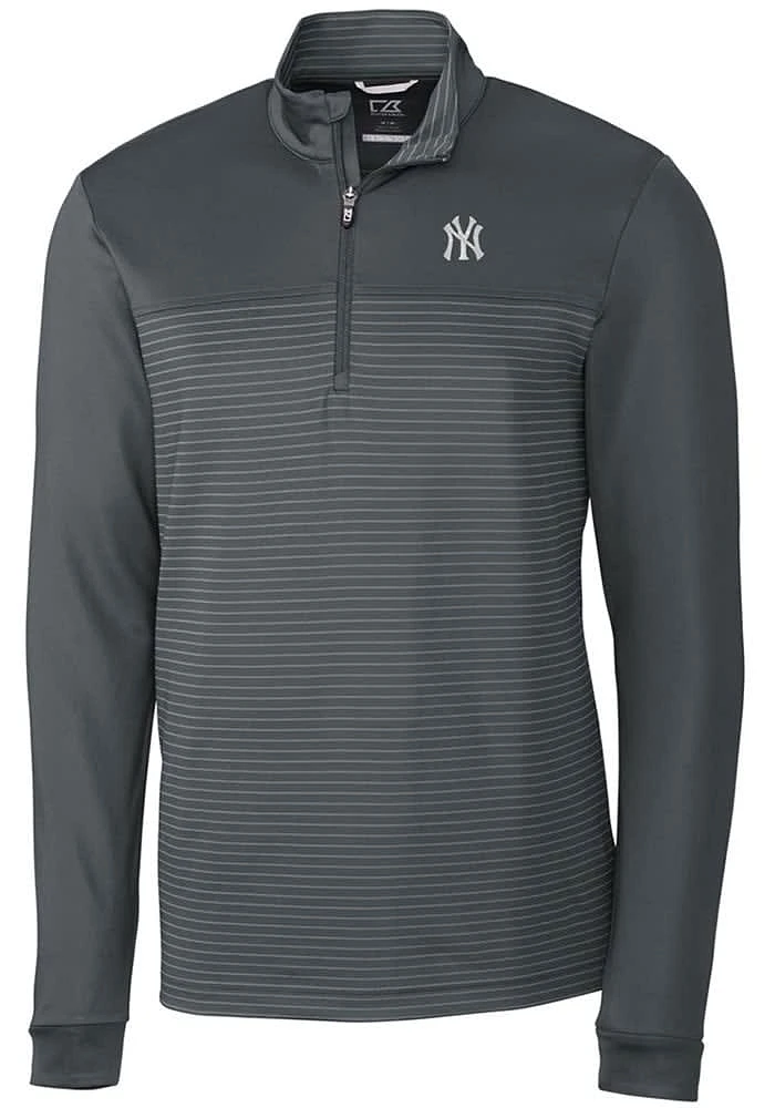 Cutter and Buck New York Yankees Mens Grey Traverse Stripe Stretch Long Sleeve Qtr Zip Pullover