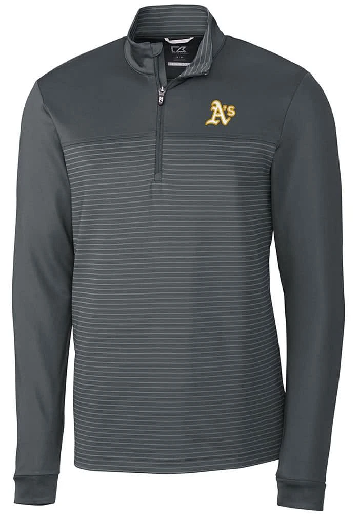 Cutter and Buck Oakland Athletics Mens Grey Traverse Stripe Stretch Long Sleeve Qtr Zip Pullover