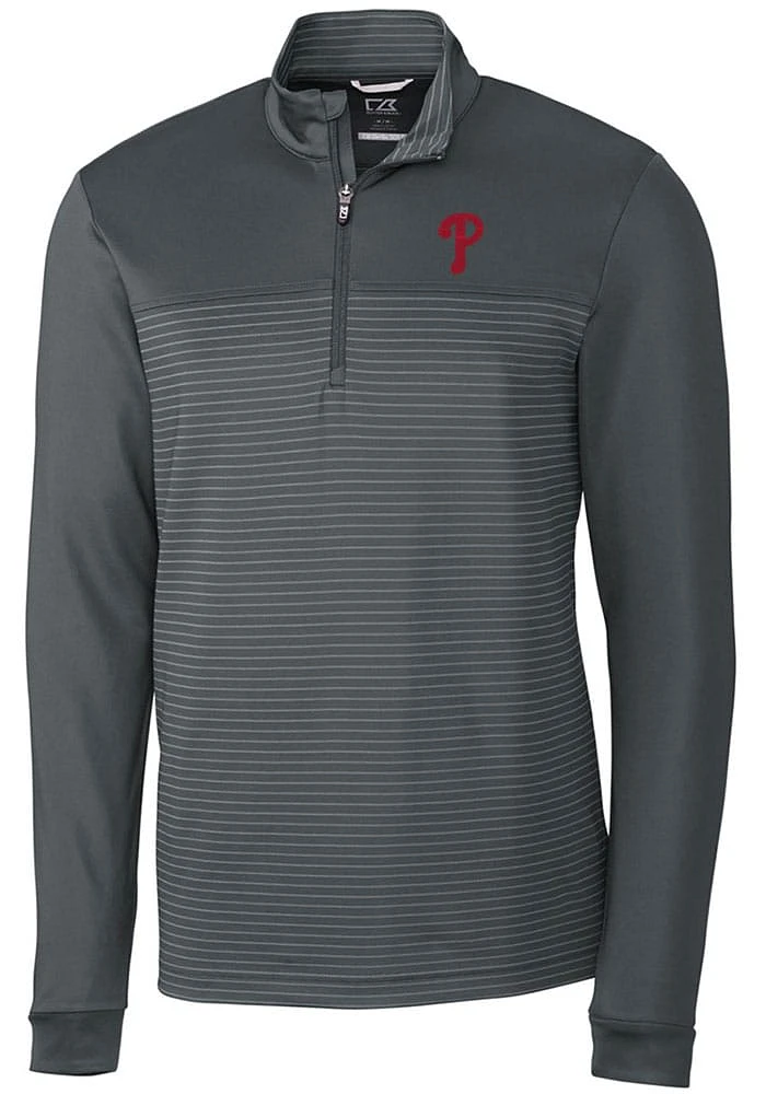 Cutter and Buck Philadelphia Phillies Mens Grey Traverse Stripe Stretch Long Sleeve Qtr Zip Pullov..