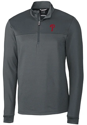 Cutter and Buck Philadelphia Phillies Mens Grey Traverse Stripe Stretch Long Sleeve Qtr Zip Pullov..