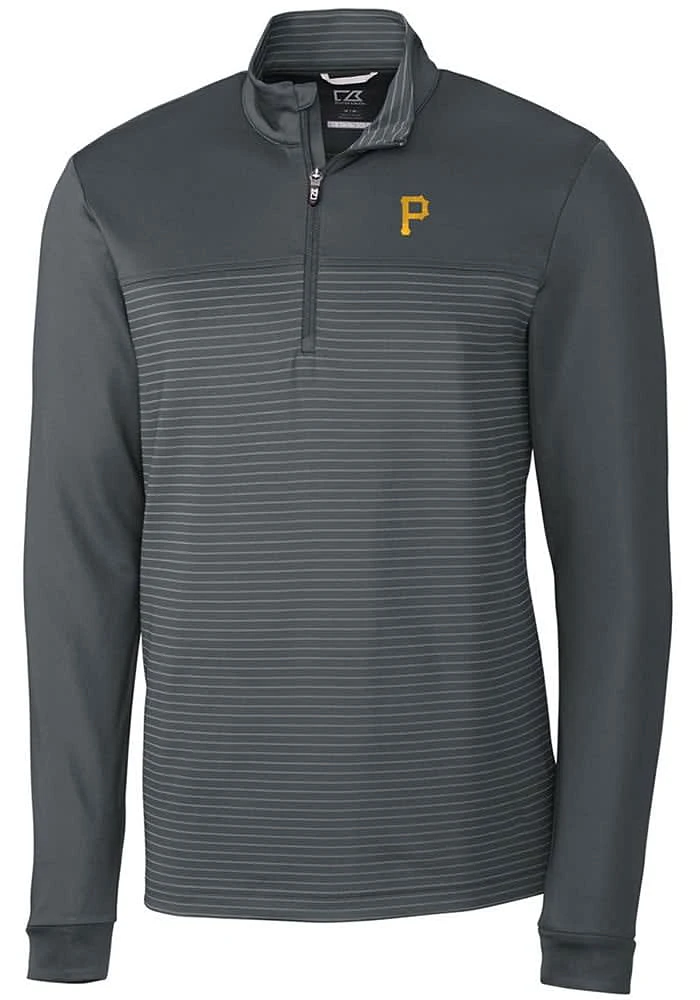 Cutter and Buck Pittsburgh Pirates Mens Grey Traverse Stripe Stretch Long Sleeve Qtr Zip Pullove..