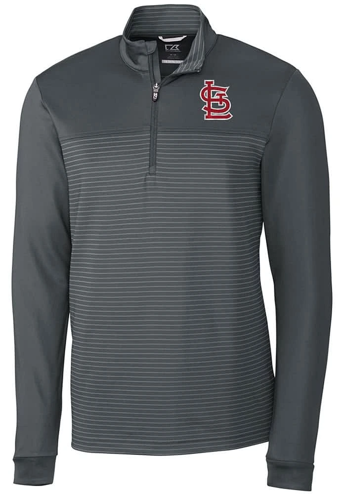 Cutter and Buck St Louis Cardinals Mens Grey Traverse Stripe Stretch Long Sleeve Qtr Zip Pullove..