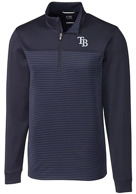 Cutter and Buck Tampa Bay Rays Mens Navy Blue Traverse Stripe Stretch Long Sleeve Qtr Zip Pullov..
