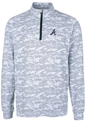 Cutter and Buck Atlanta Braves Mens Charcoal Traverse Camo Print Stretch Long Sleeve Qtr Zip Pullo..